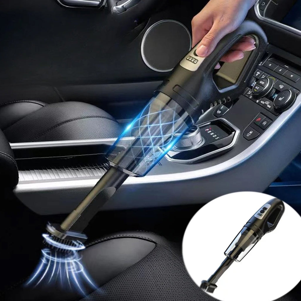 Wireless car vacuum cleaner with charging cable and nozzles on a clean surface.