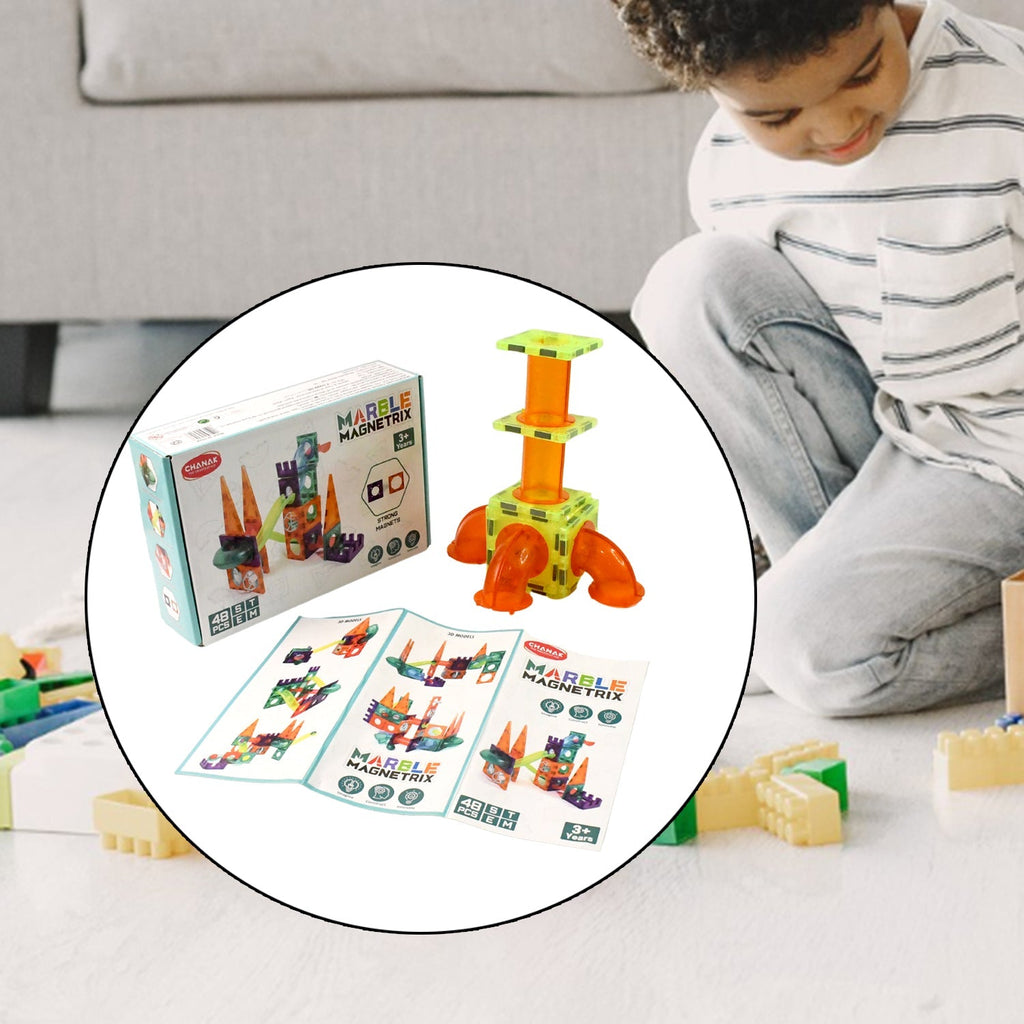 Transparent 3D magnetic marble run puzzle showing track and tiles