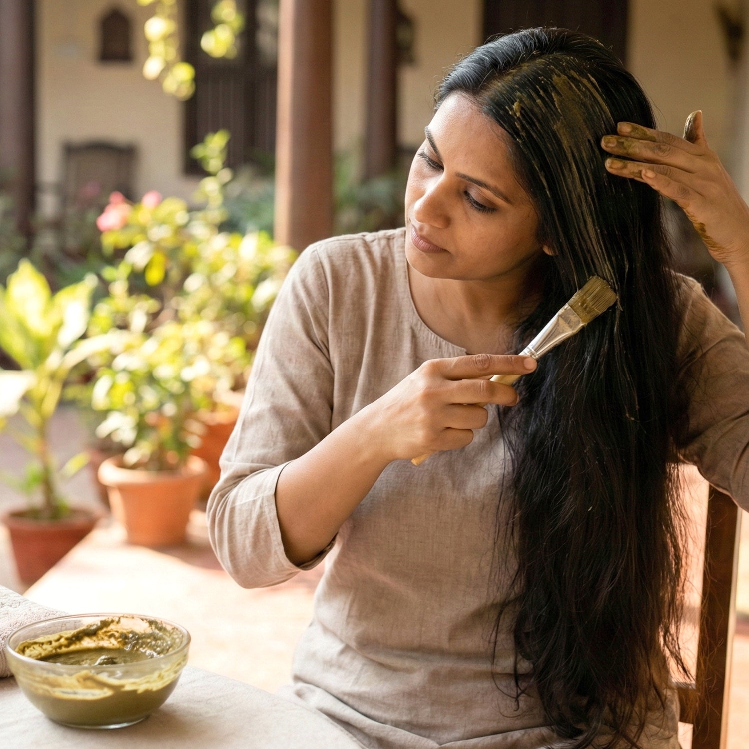Closeup of herbal Brahmi powder used for hair care and scalp health