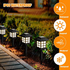 Two solar pathway lights installed along a garden path, casting warm light.