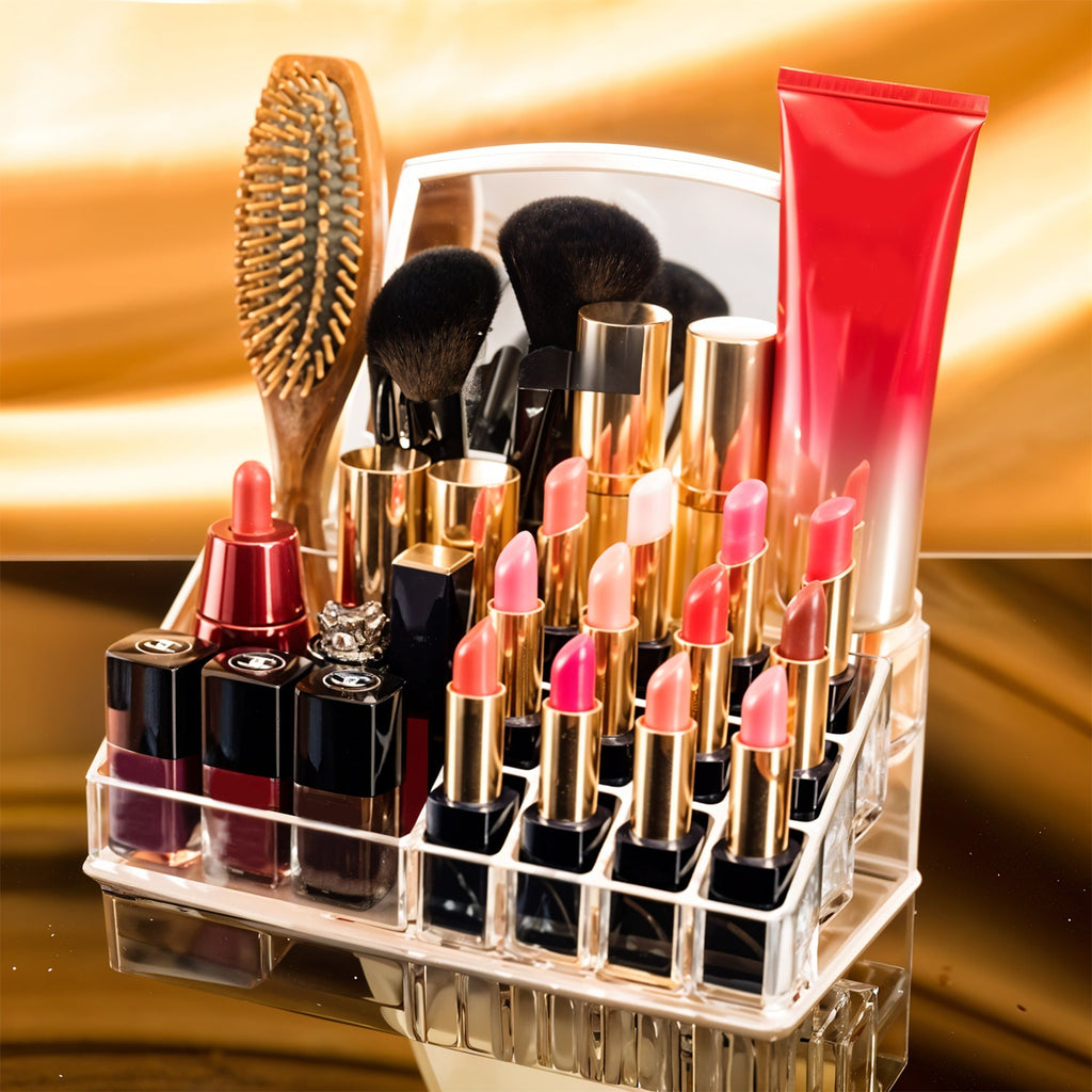 Front angle of clear acrylic makeup and jewelry organizer