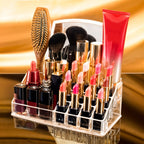 Front angle of clear acrylic makeup and jewelry organizer
