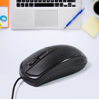 Side profile of the ergonomic wired optical mouse, showing its sleek contour for extended use.
