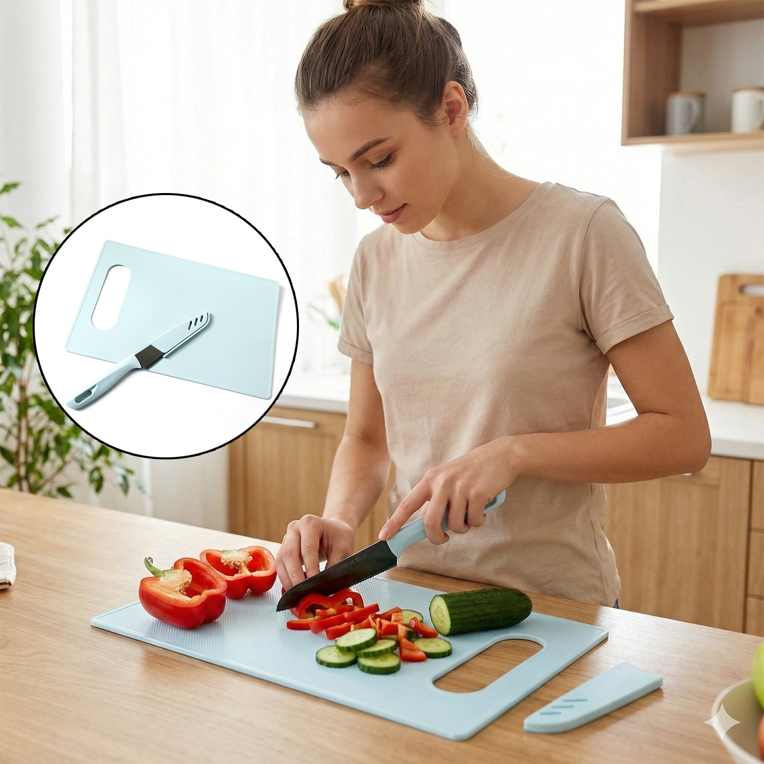 Durable kitchen chopping board paired with matching knife for slicing vegetables