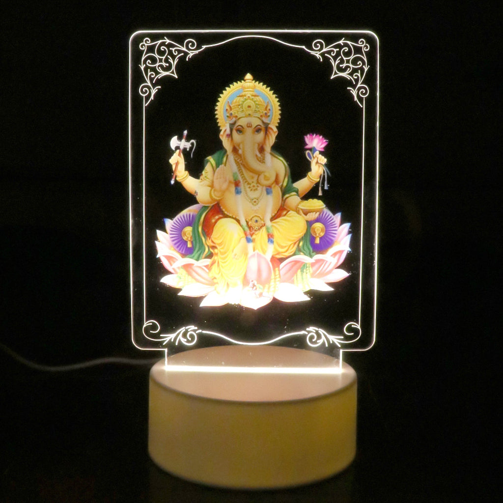 Close-up of 3D UV printed acrylic Lord Ganesh frame with soft warm glow