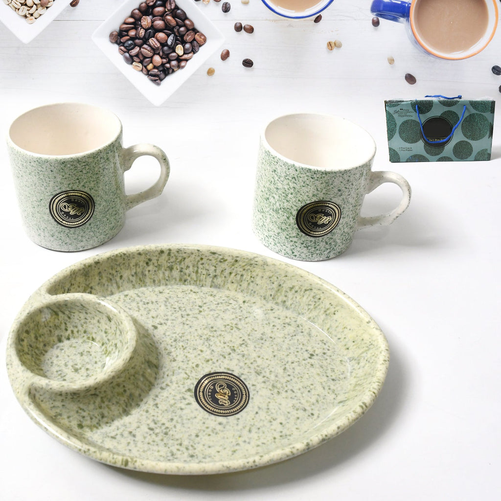 Alpino ceramic tea and coffee cup set with a two-compartment BPA-free serving platter.