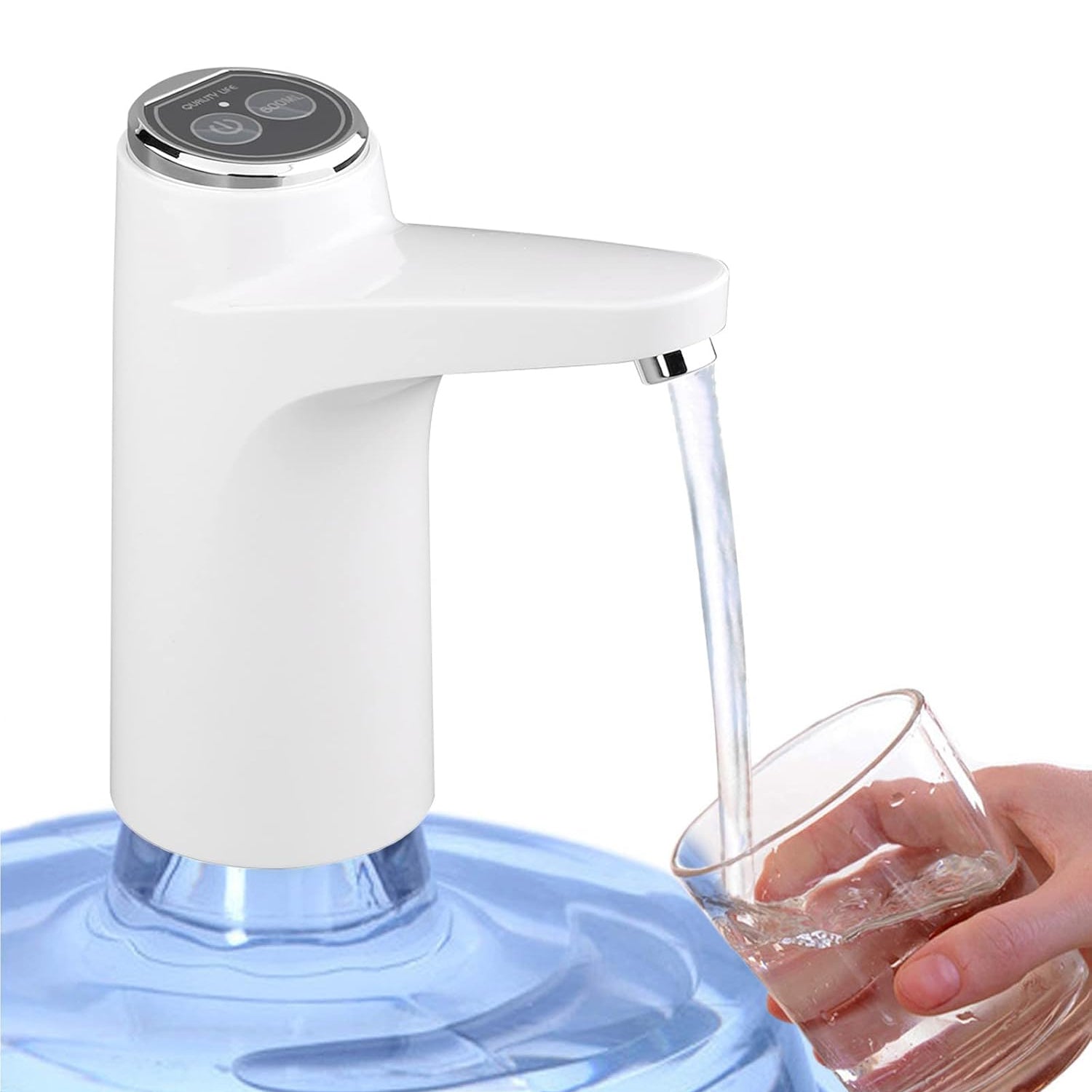Compact USB electric water pump on a wooden surface, highlighting its sleek design.