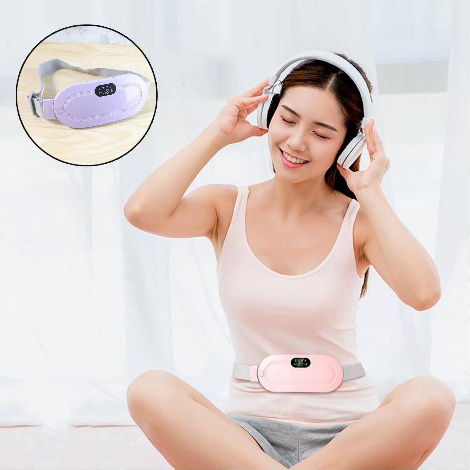 Infographic highlighting key benefits of the rechargeable period pain relief belt.