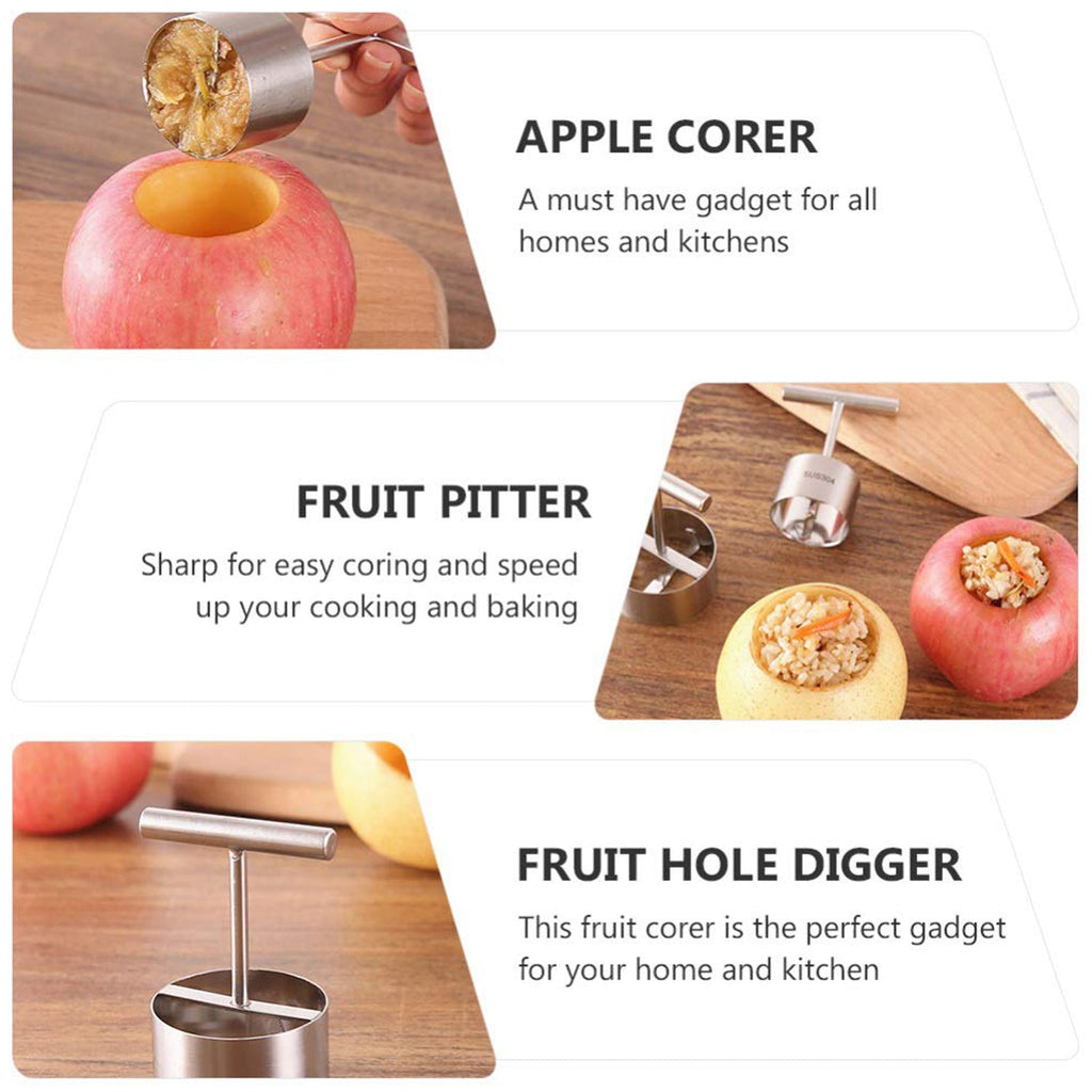 The versatile fruit corer shown with a variety of fruits it can be used on.