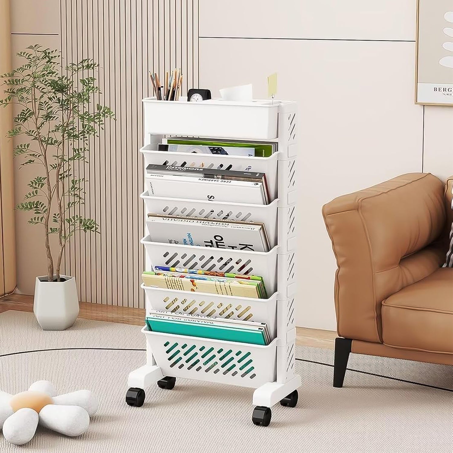 Mobile plastic storage shelf with wheels and easy access shelves