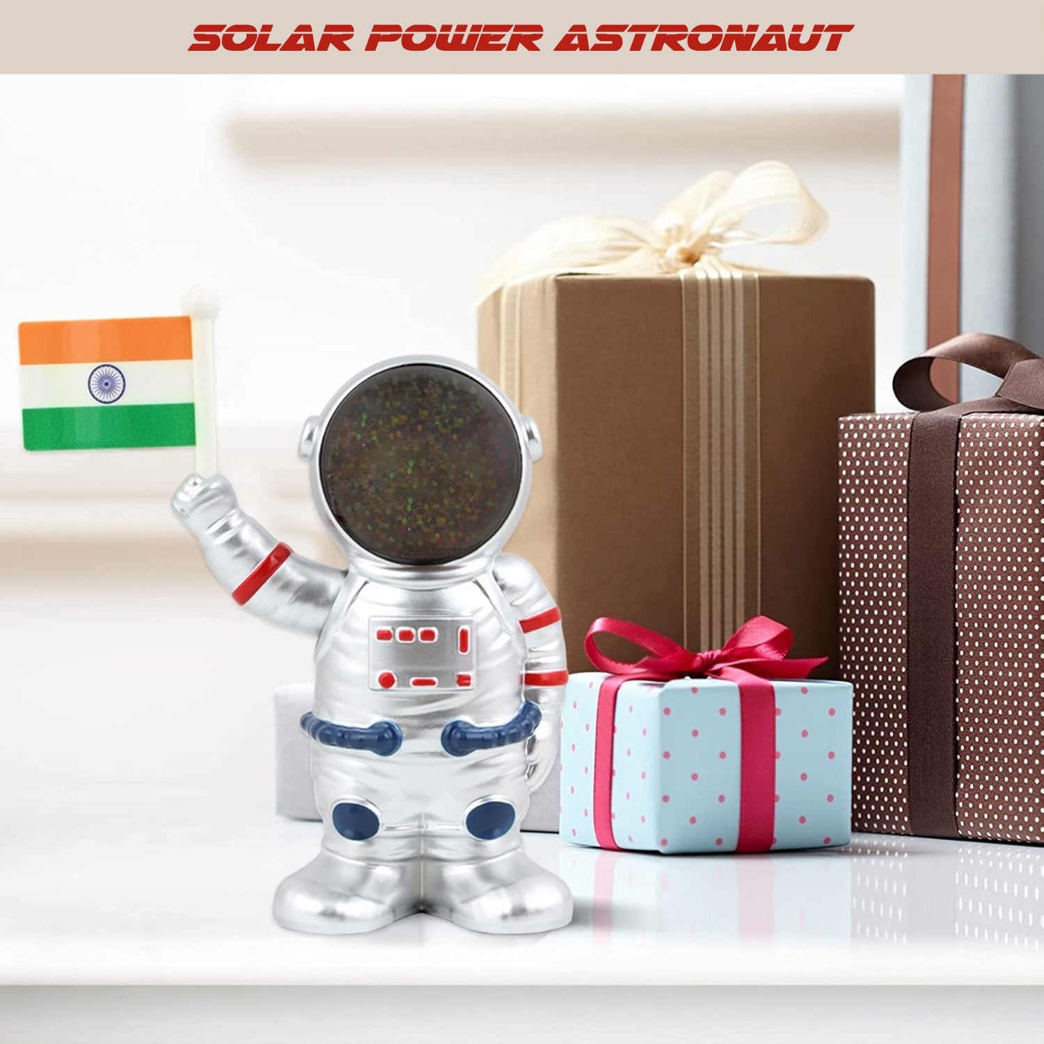 Side view of solar astronaut car dashboard ornament displaying Indian flag