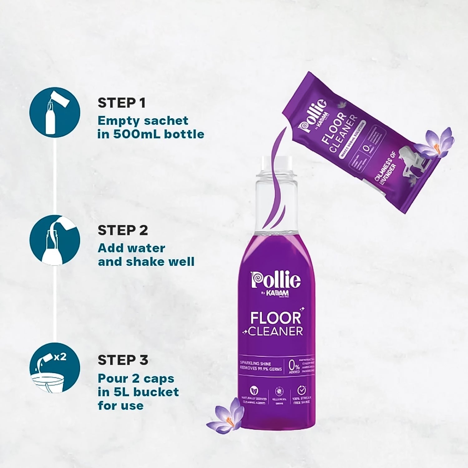 Reusable measuring bottle alongside concentrated floor cleaner sachets