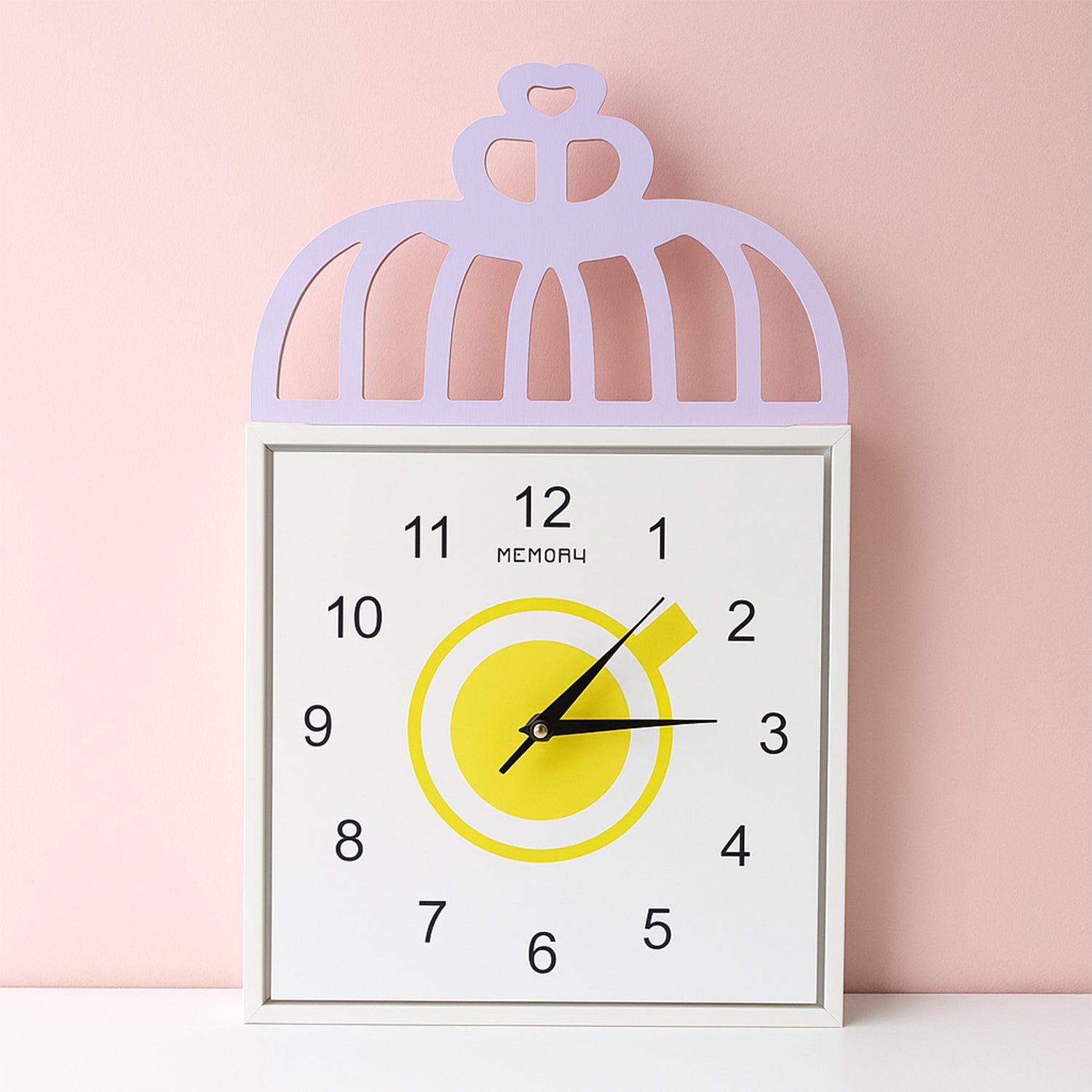 Decorative square wall clock with birdcage top and clear numbers