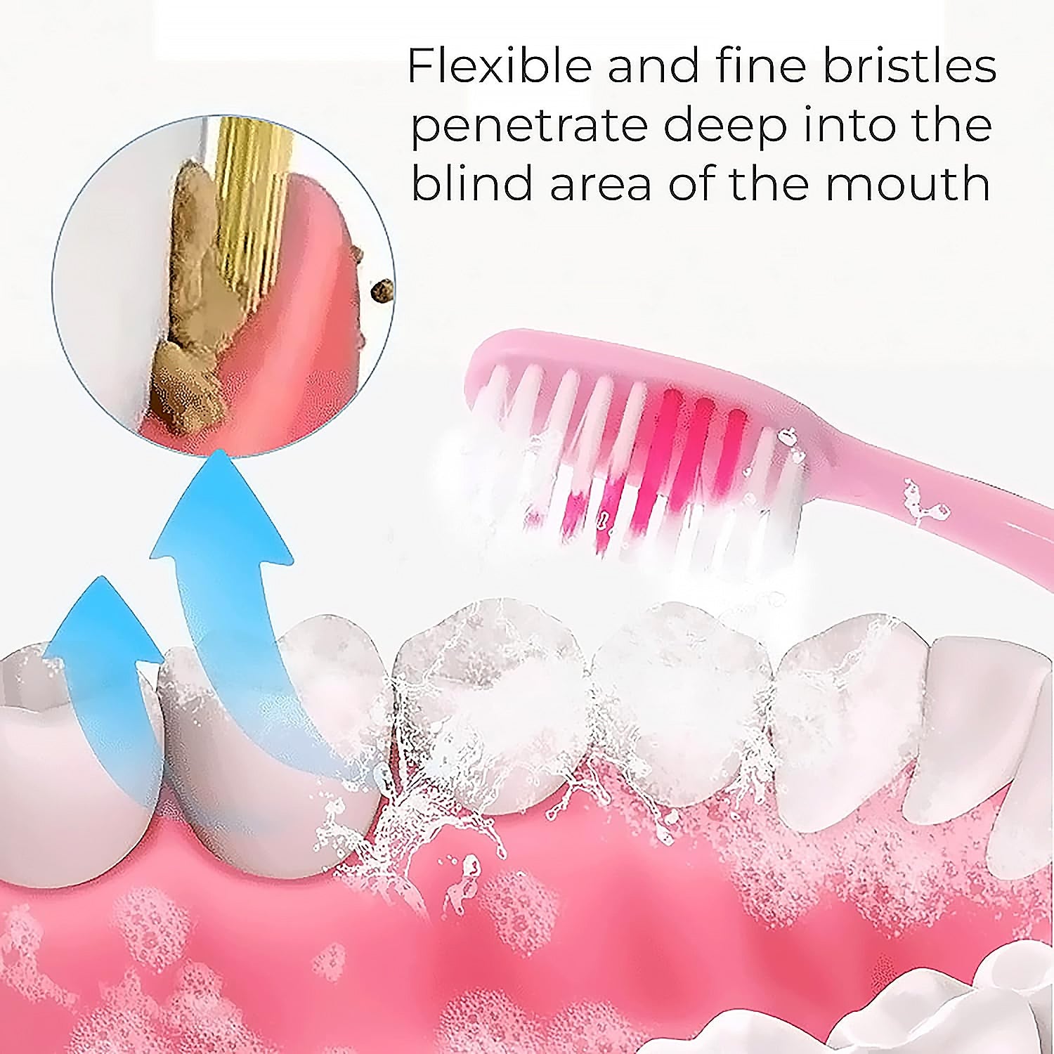 Ergonomic long handle design of the 2-in-1 Toothbrush Tongue Scraper for easy reach.
