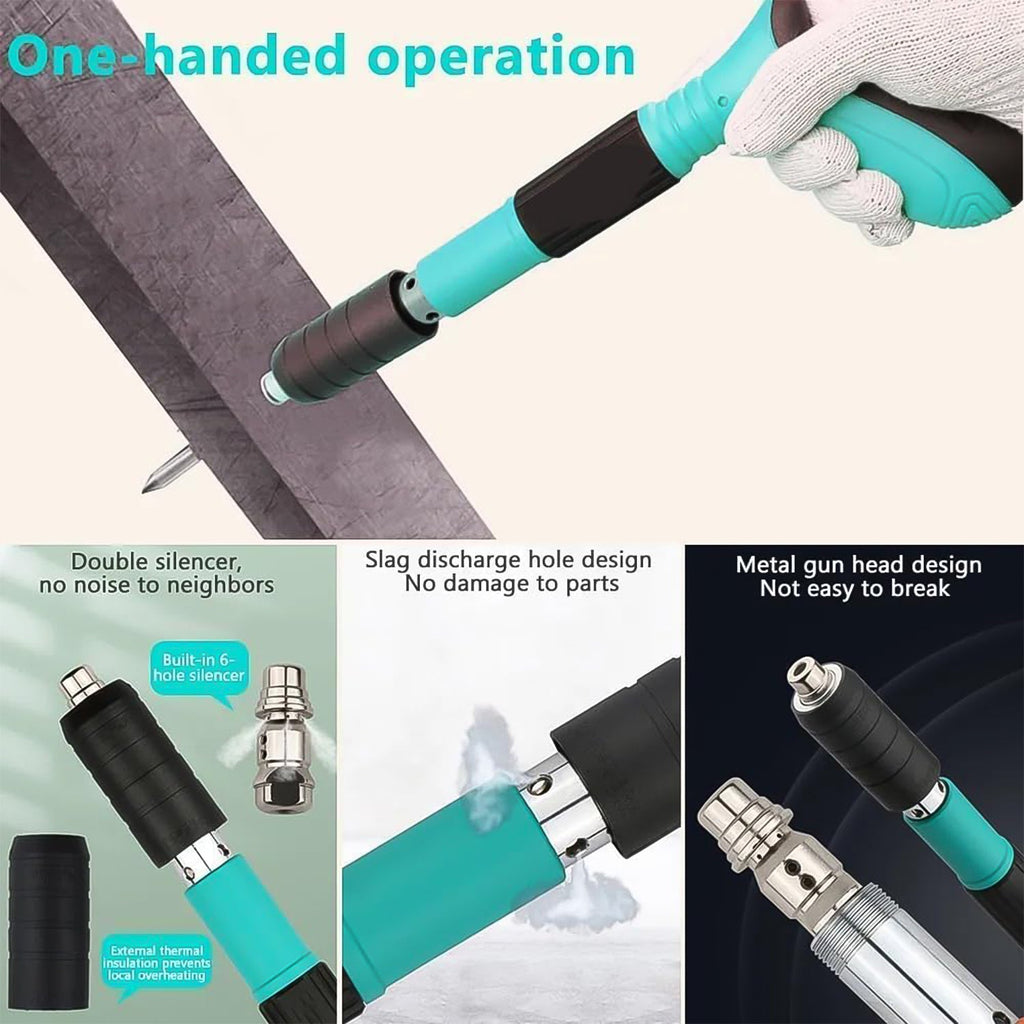 Manual steel nail gun in action, securely fastening items to a wall surface.