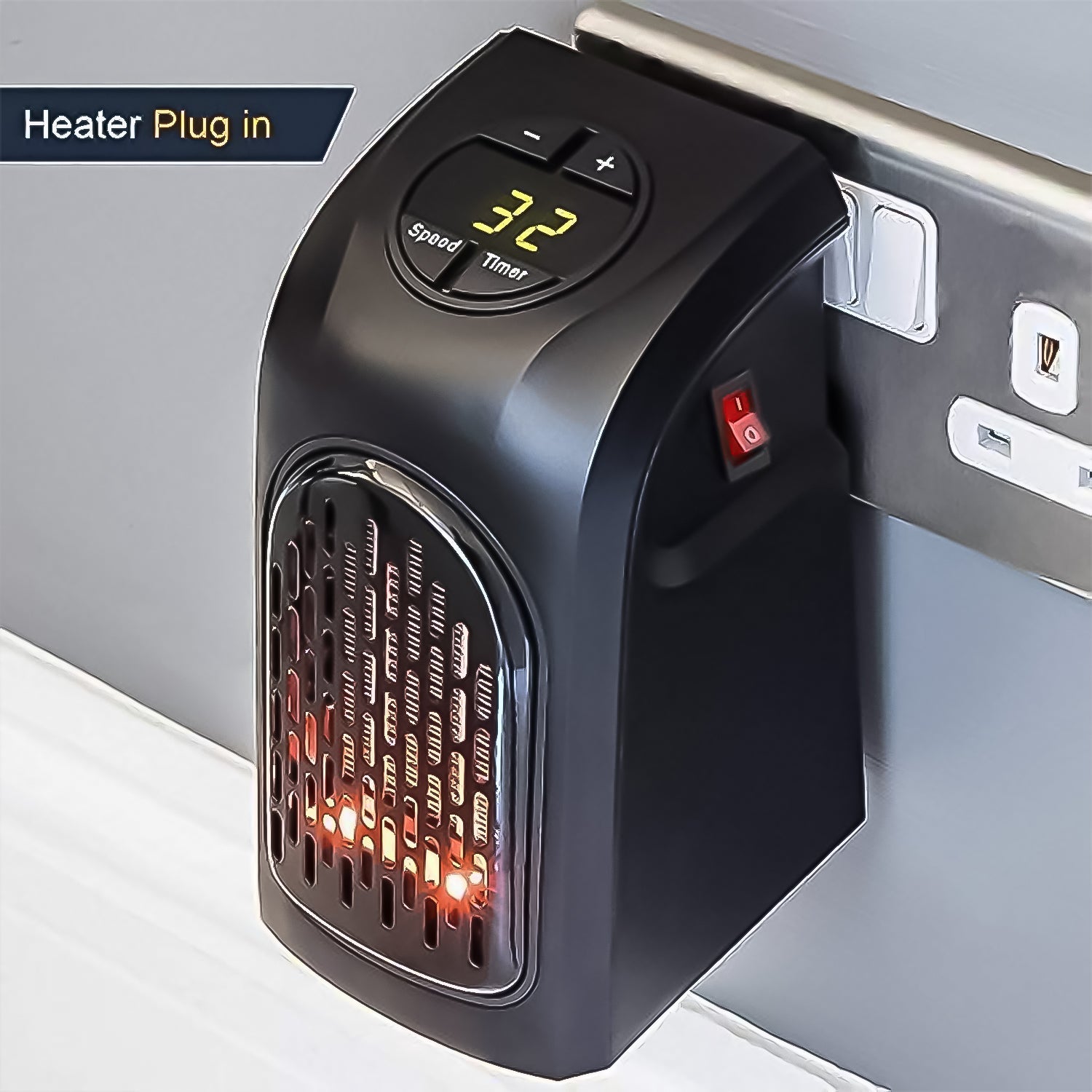 Digital LED display of the mini space heater showing adjustable temperature.