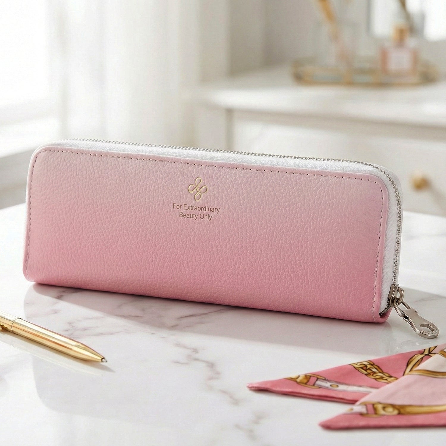 Side view of slim compact makeup brush storage pouch