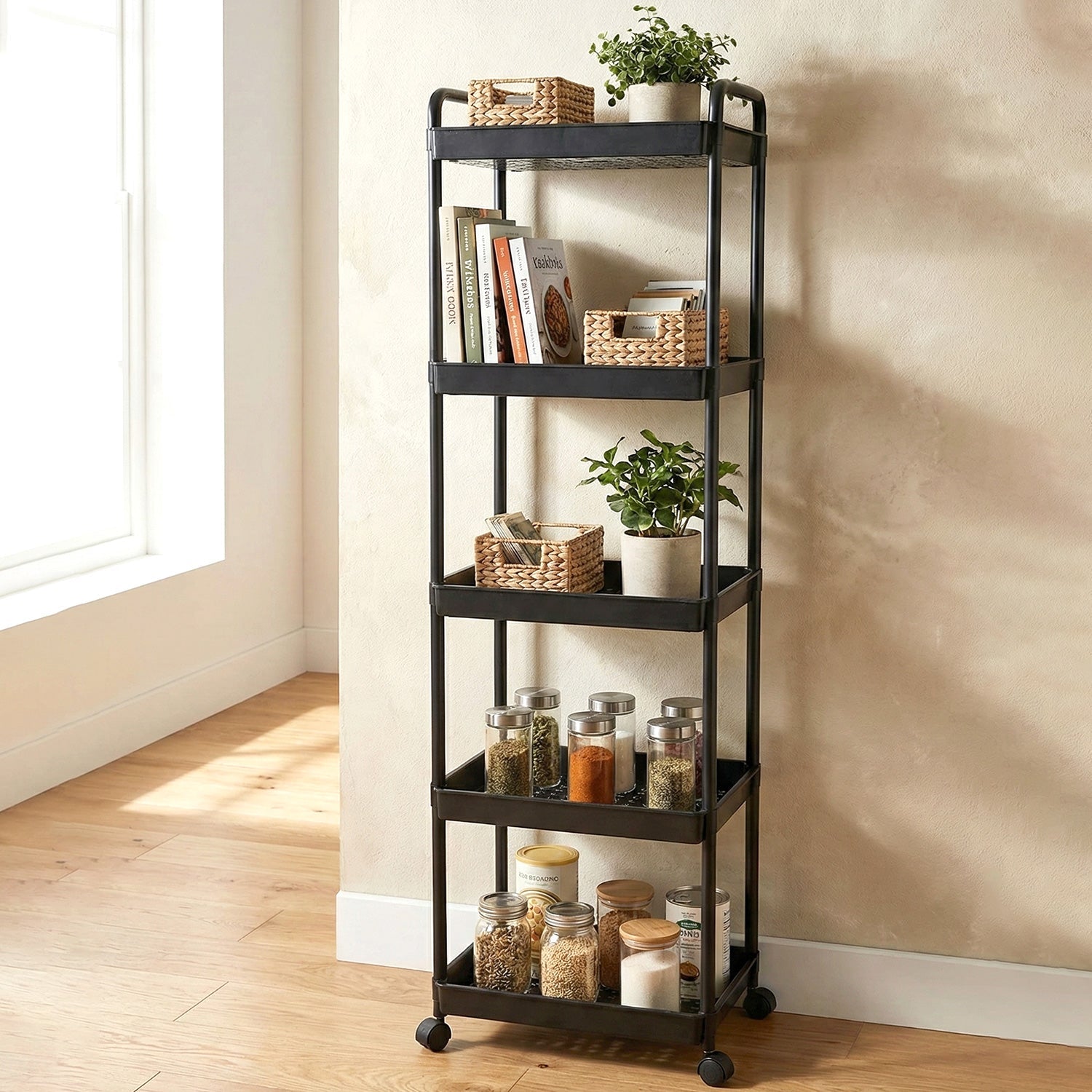 Storage organizer trolley with multipurpose compartments and mobility