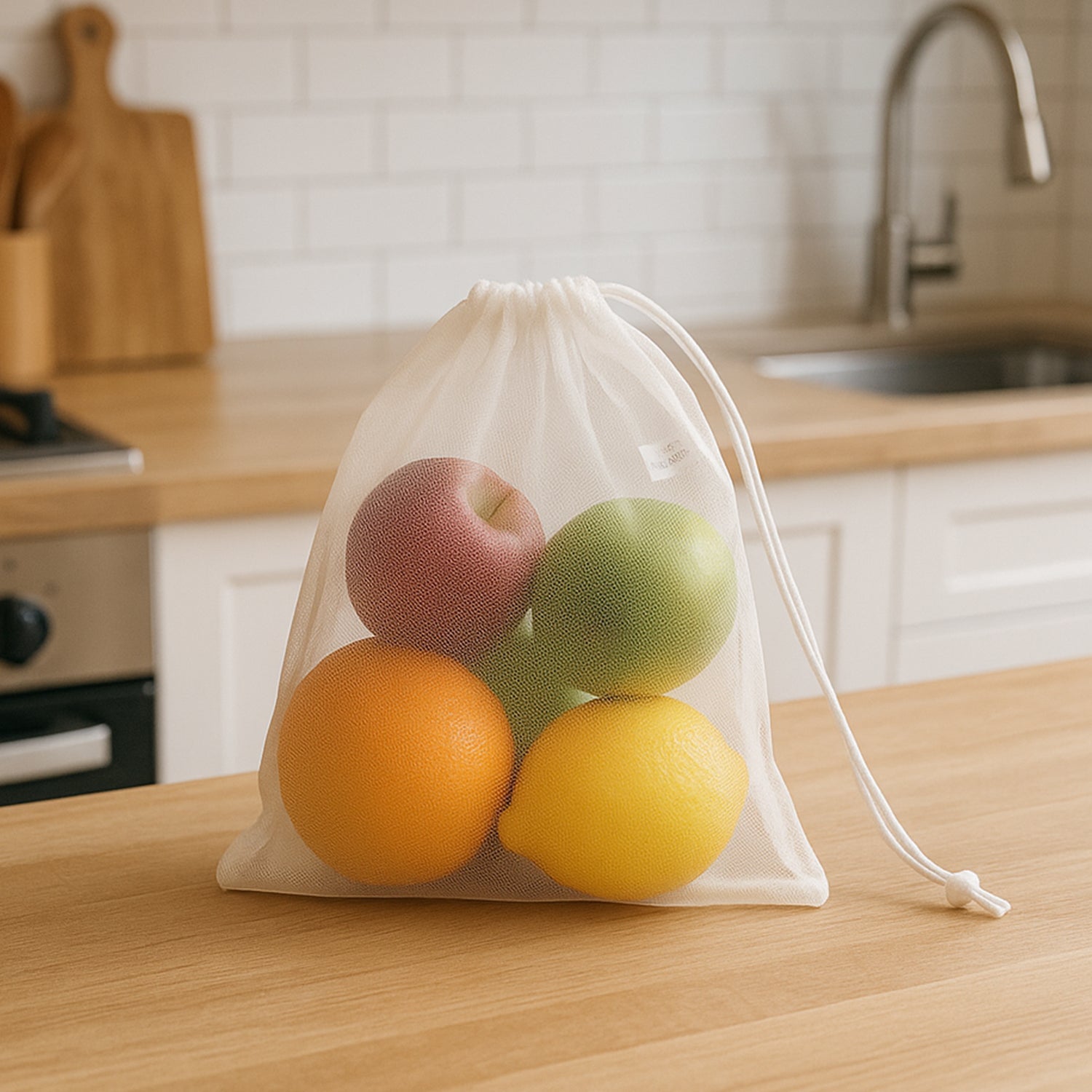 Foldable reusable mesh bag ideal for produce storage and eco-friendly grocery trips