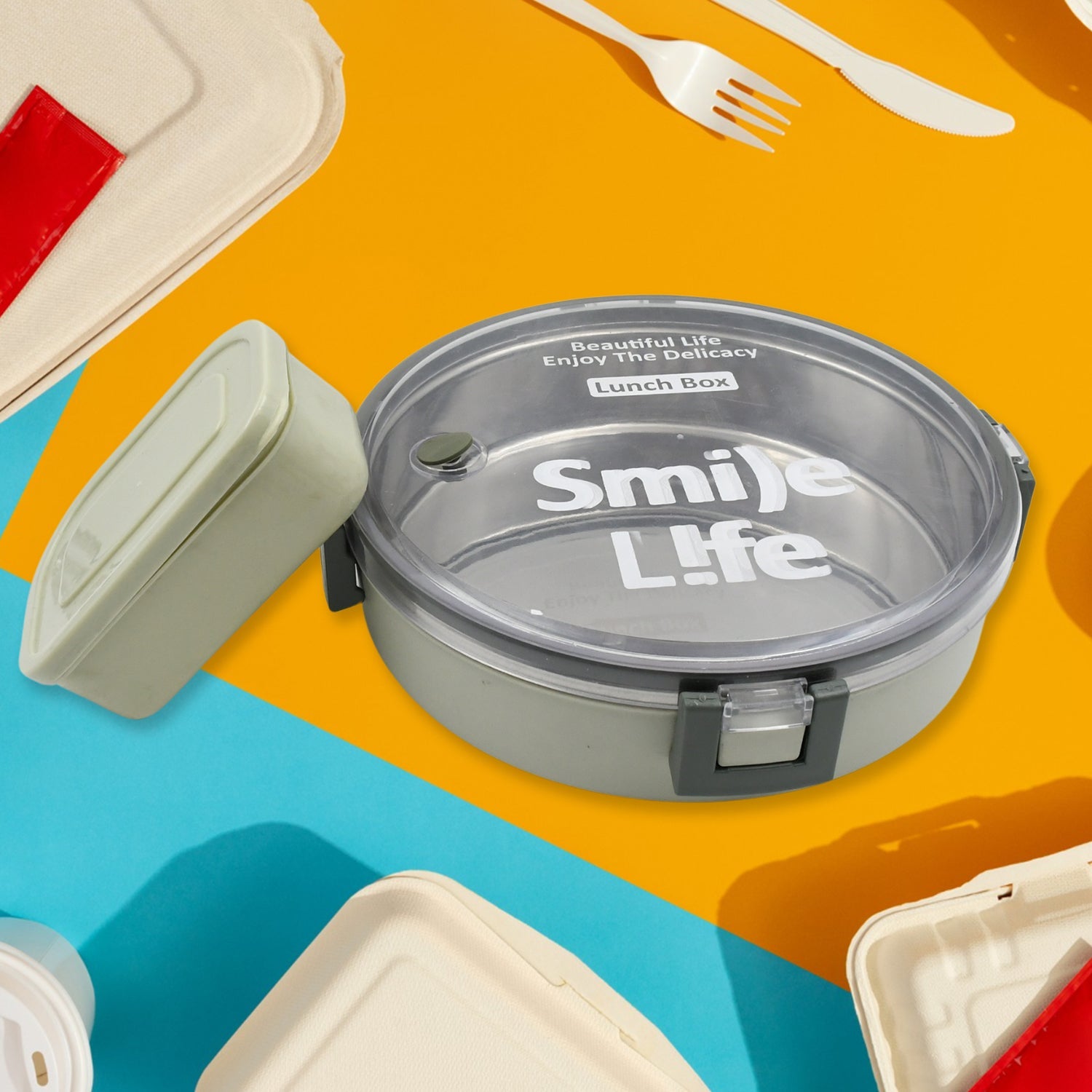 Top-down view of the opened Stainless Steel Lunch Box, showing its main compartment and plastic container.