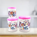Three plastic storage containers, ideal for organizing items in a home or office setting.