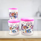 Three plastic storage containers, ideal for organizing items in a home or office setting.