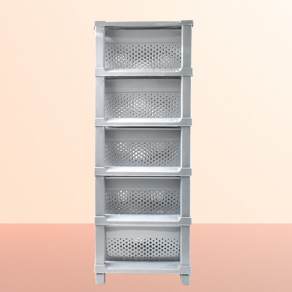Organivo 5-tier plastic modular drawer storage unit with open drawers showing capacity.