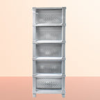 Organivo 5-tier plastic modular drawer storage unit with open drawers showing capacity.