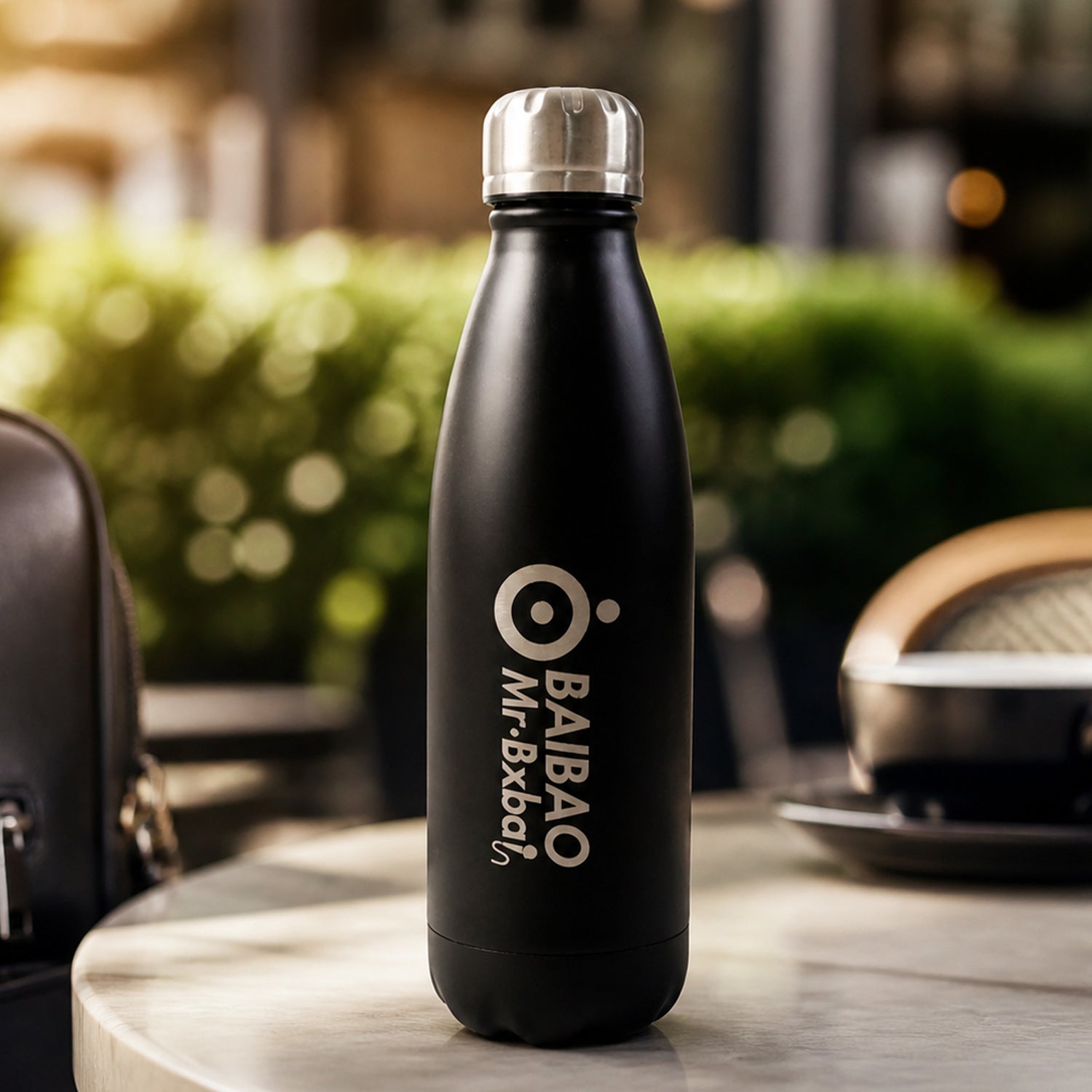 Hand holding the stainless steel water bottle for size reference