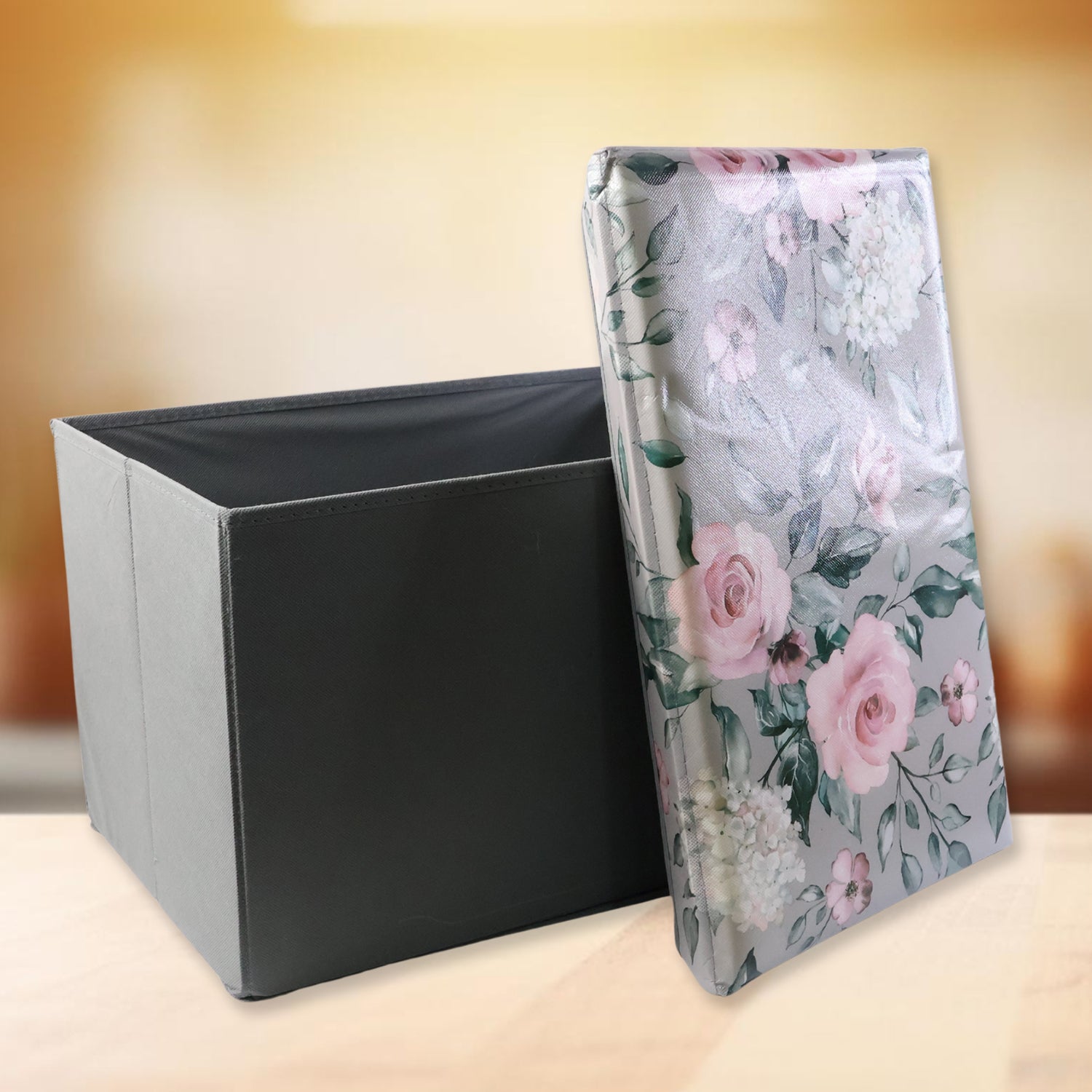 Foldable storage box with a floral lid showcasing durable fabric and spacious design
