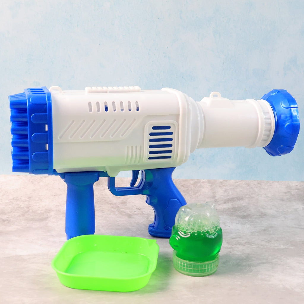 Children delight in a powerful 32-hole bubble gun creating a stream of bubbles.