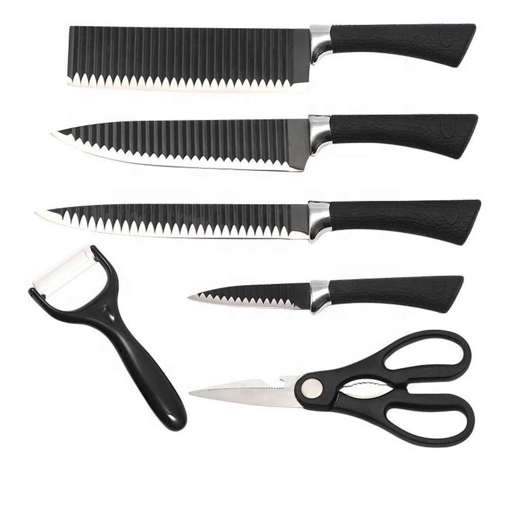 Elegant presentation of the stainless steel knife set with included peeler.