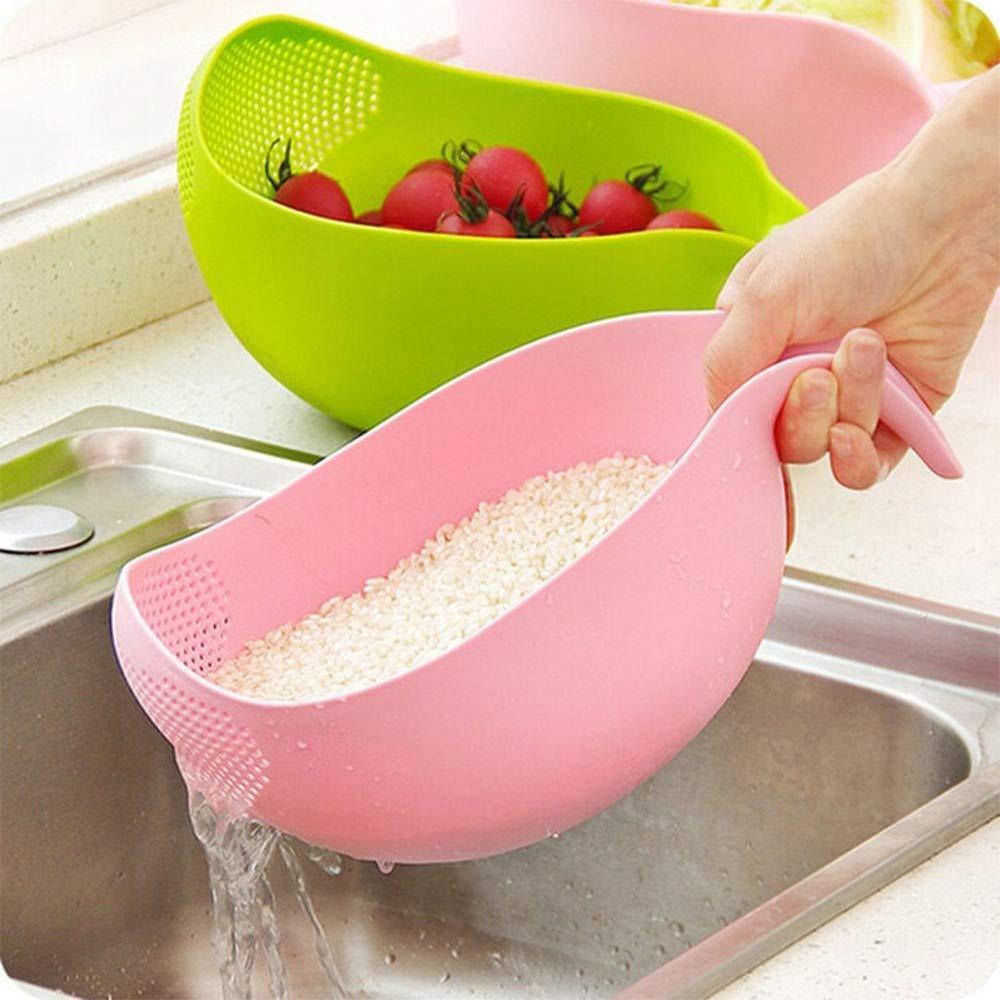 Durable thick plastic strainer and rice bowl set, shown ready for food preparation.