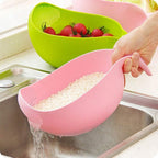 Durable thick plastic strainer and rice bowl set, shown ready for food preparation.