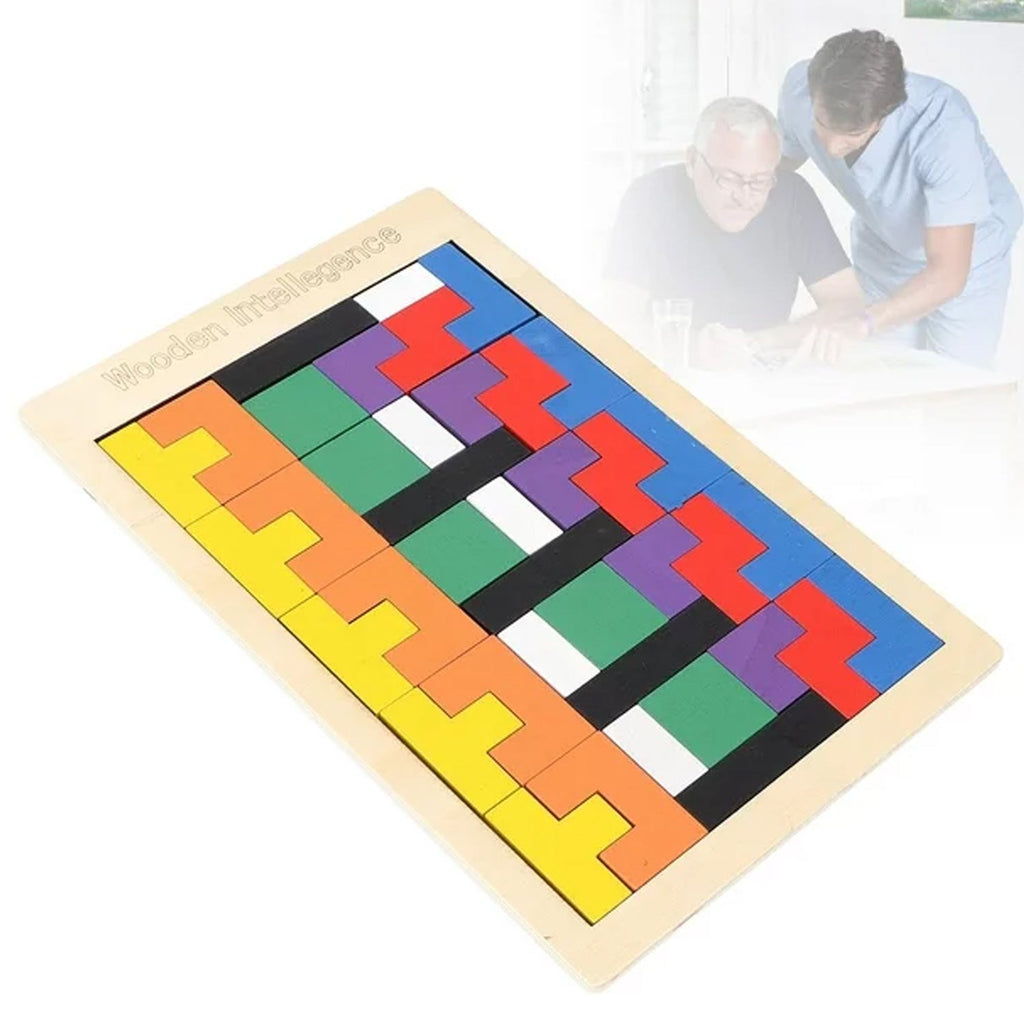 Child focused on assembling an educational wooden blocks puzzle on a table.