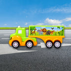 Vibrant green and yellow friction toy truck for kids.