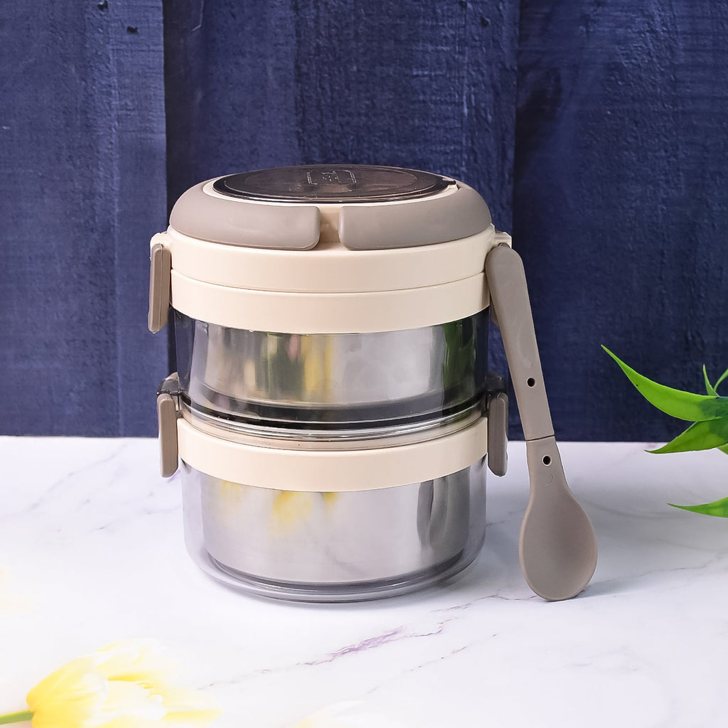 Leakproof double layer stainless steel lunch box with secure locking clips