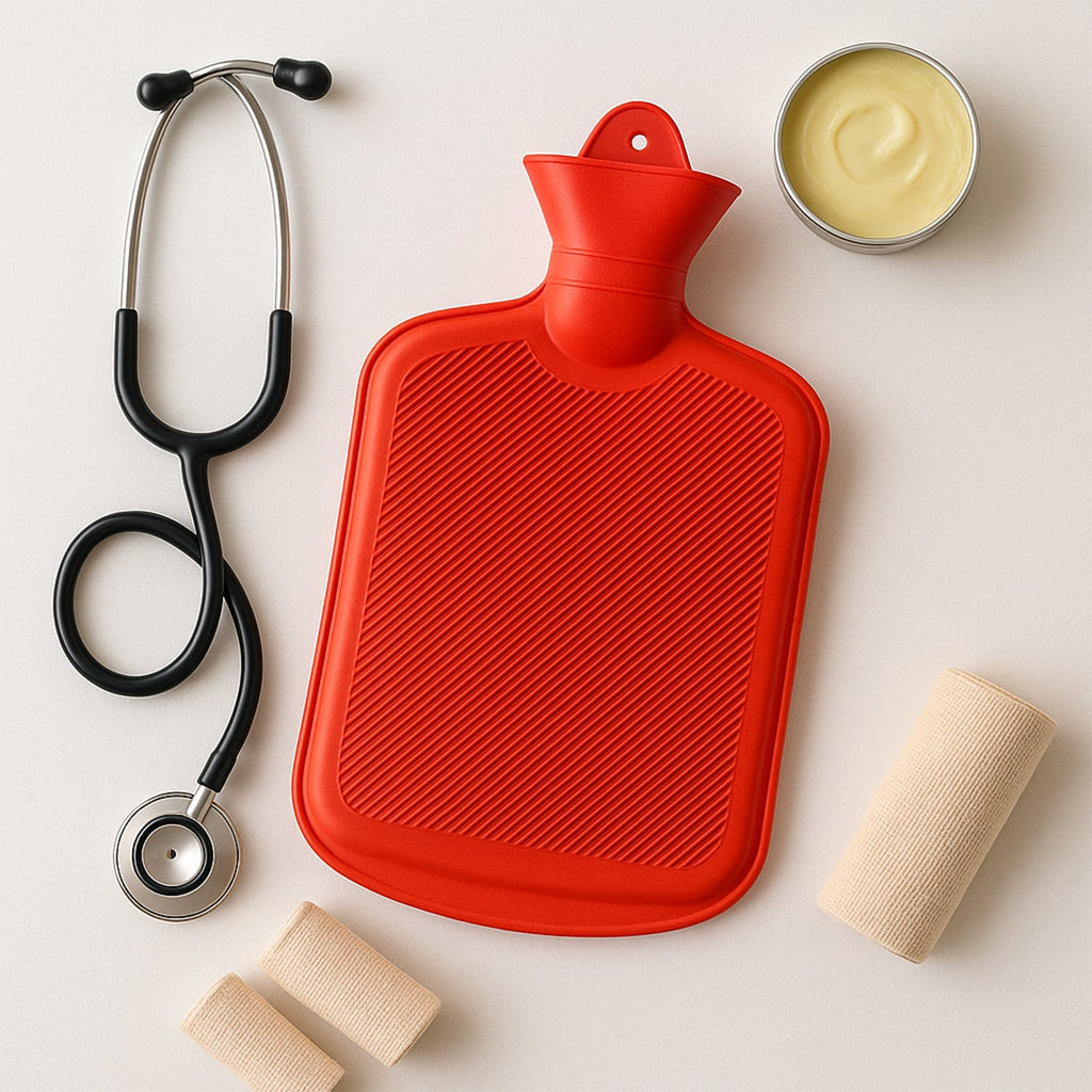 Leak-proof rubber hot water bag with secure screw cap.