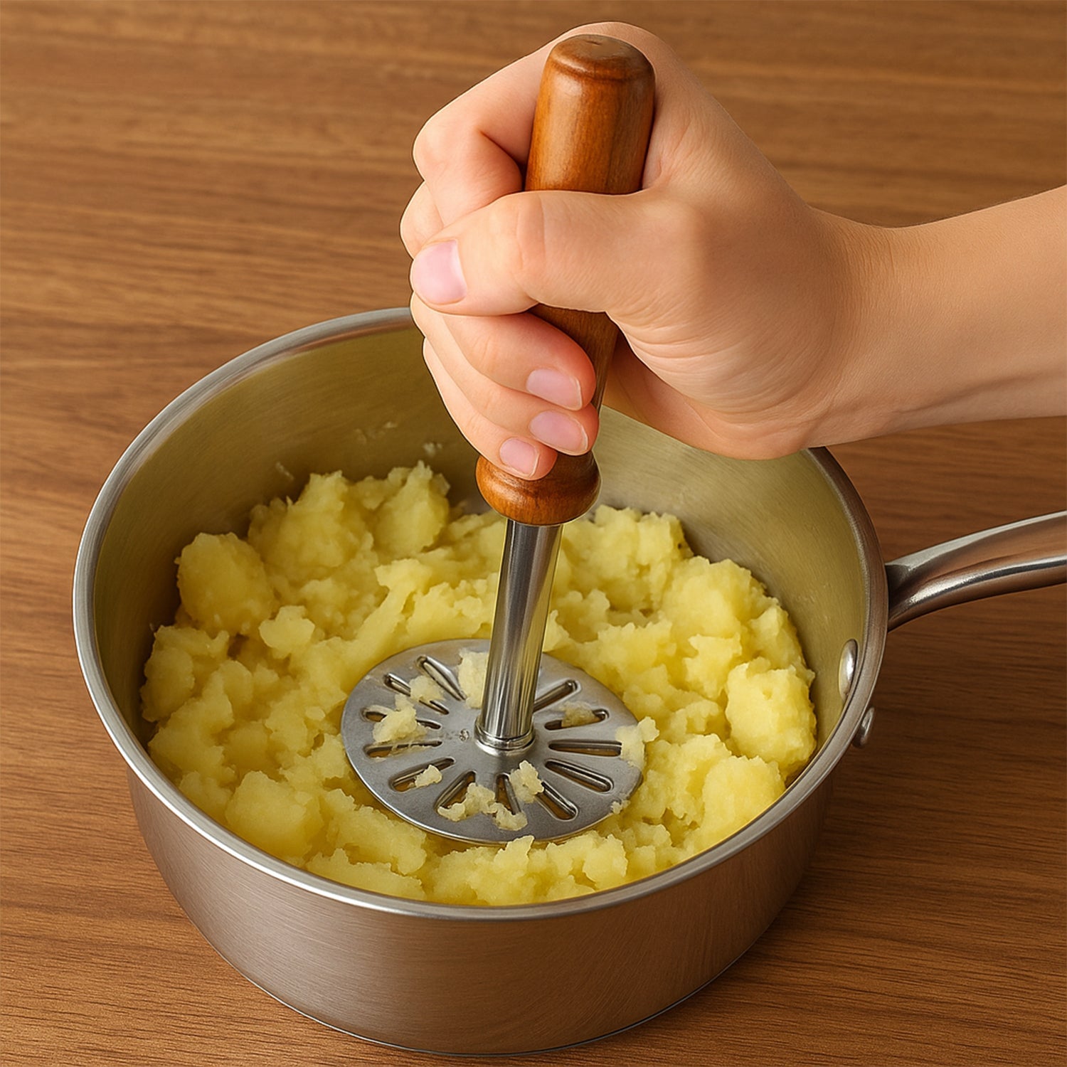 Side view of the GripChef Paubhaji Masher, highlighting its sturdy handle.