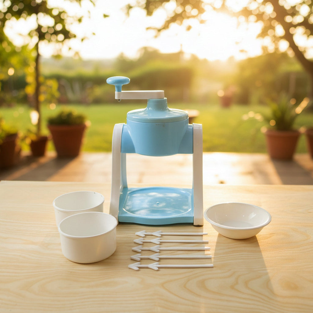 Manual ice gola maker with blue body used for crushing ice cubes to make slush