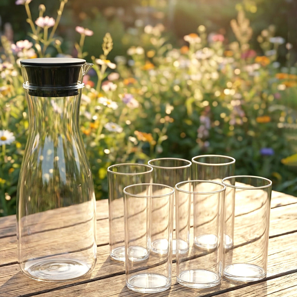 Tableware set with plastic jug and glasses for gatherings