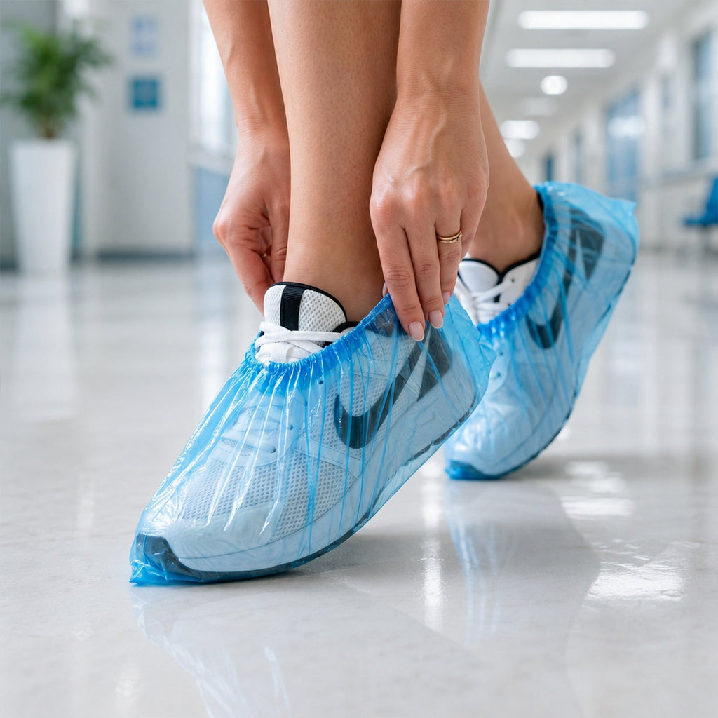 Person wearing blue disposable plastic shoe covers indoors.