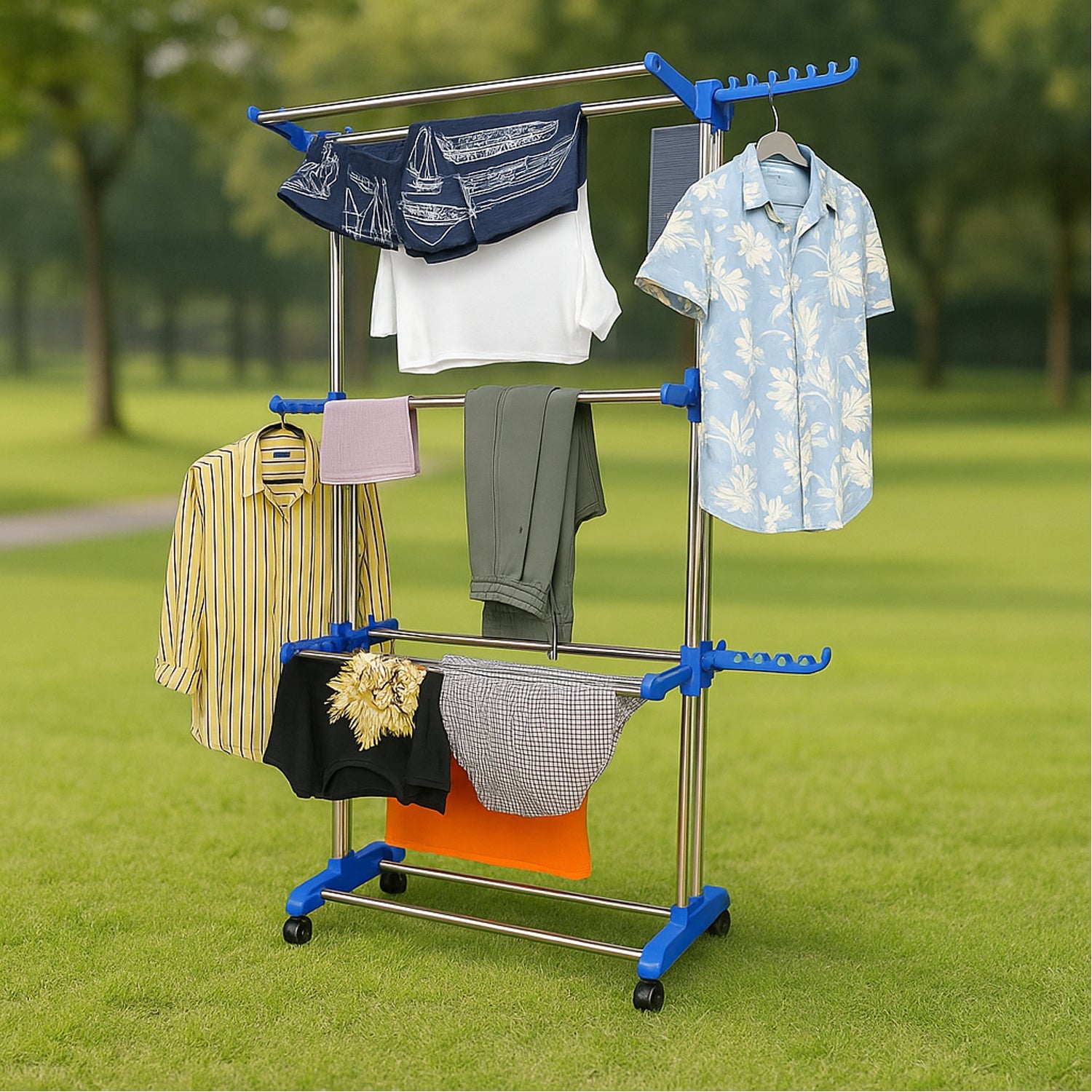 Stainless steel clothes drying rack in use with shirts and trousers drying