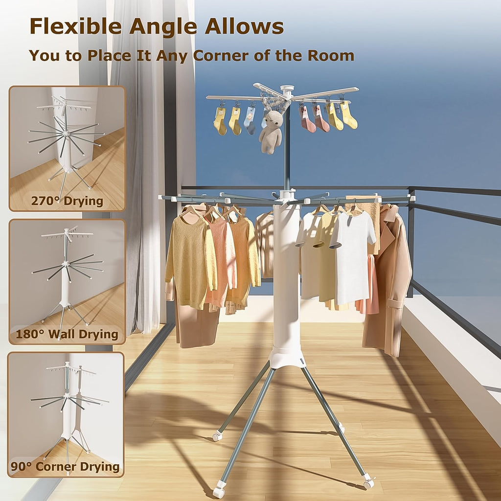 Close-up of rotating arms on the foldable clothes drying rack