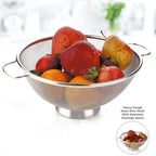Elegant stainless steel colander with fine mesh placed on kitchen counter