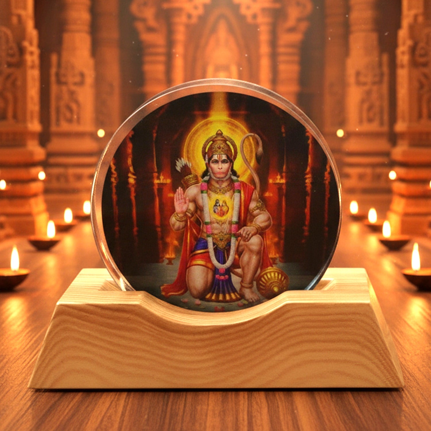 3D Hanuman Ji Acrylic LED Night Lamp with wooden base showcasing spiritual illumination