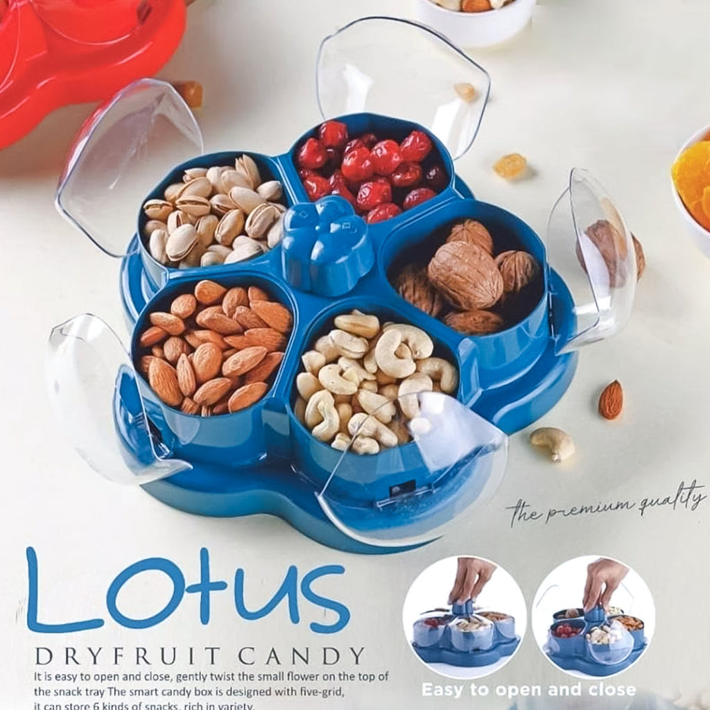 Rotating dry fruit box showing compact flower-shaped compartments