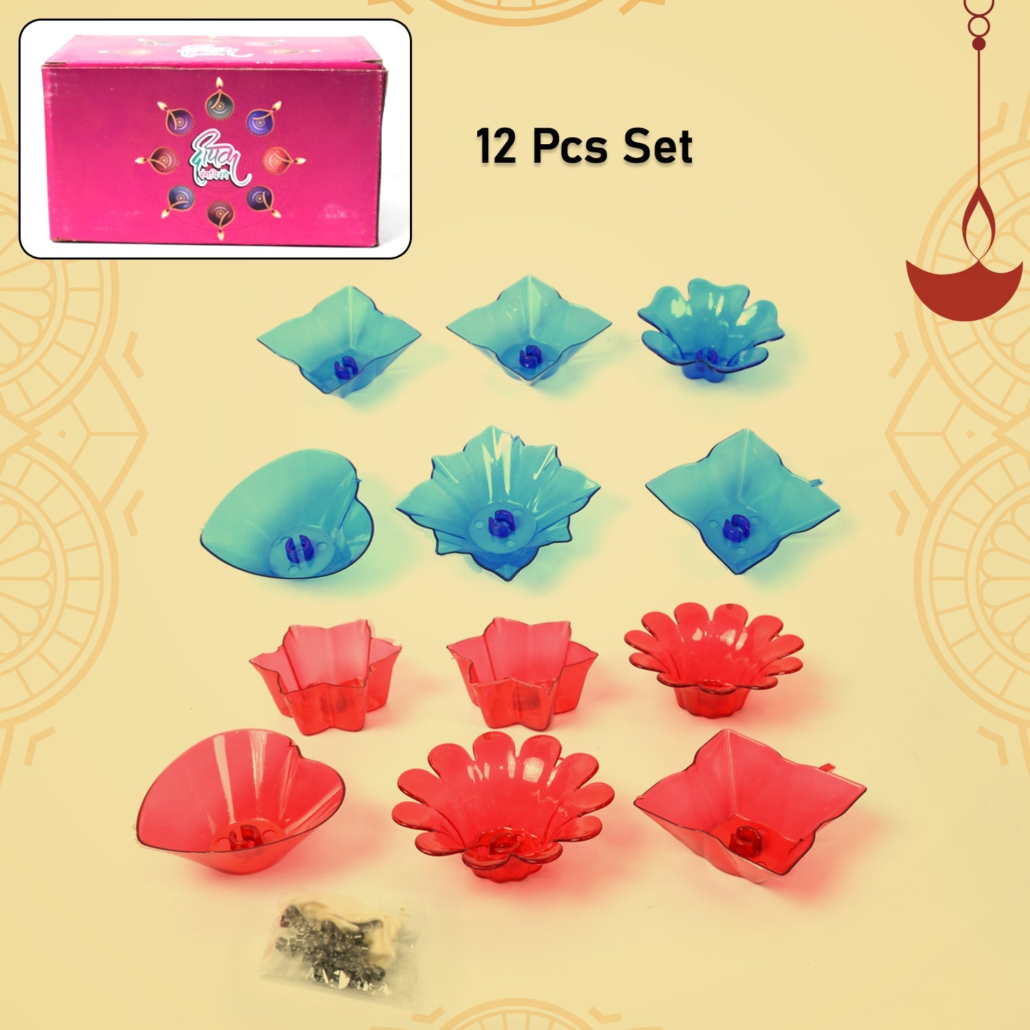 Overhead view of the 12-piece plastic Diwali Diya Set arranged decoratively.
