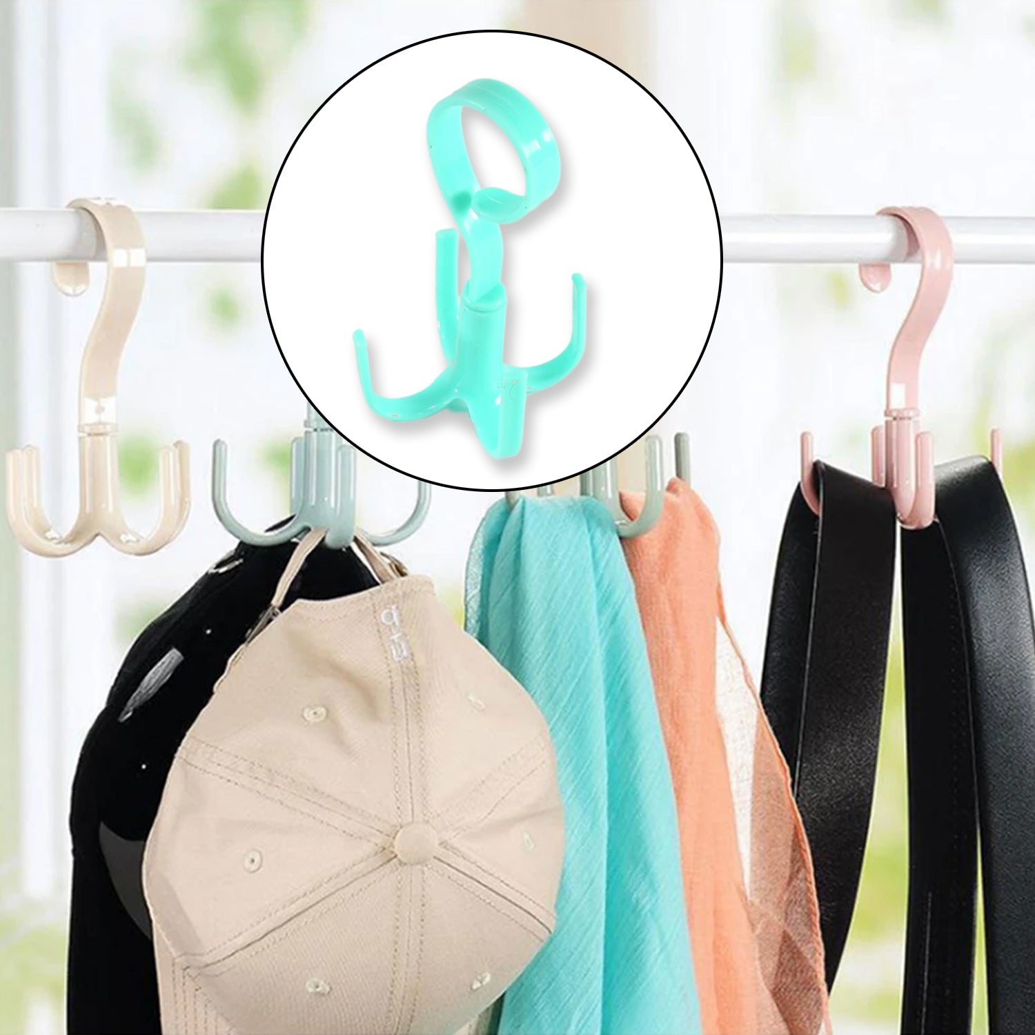 A 360-degree rotatable purse hanger hook with four claws, designed for efficient handbag storage.