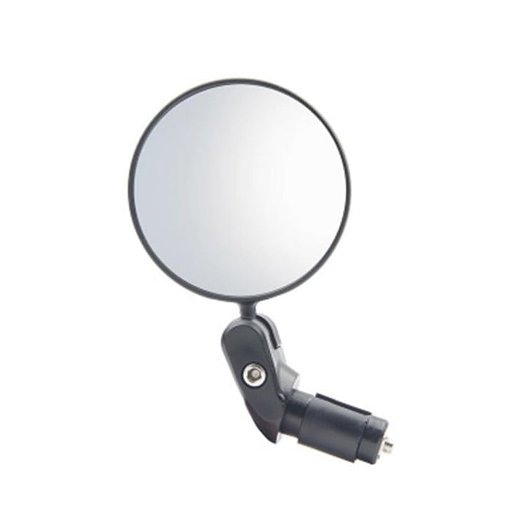 The foldable bike mirror rotated to showcase its 360-degree adjustability and compact storage position.
